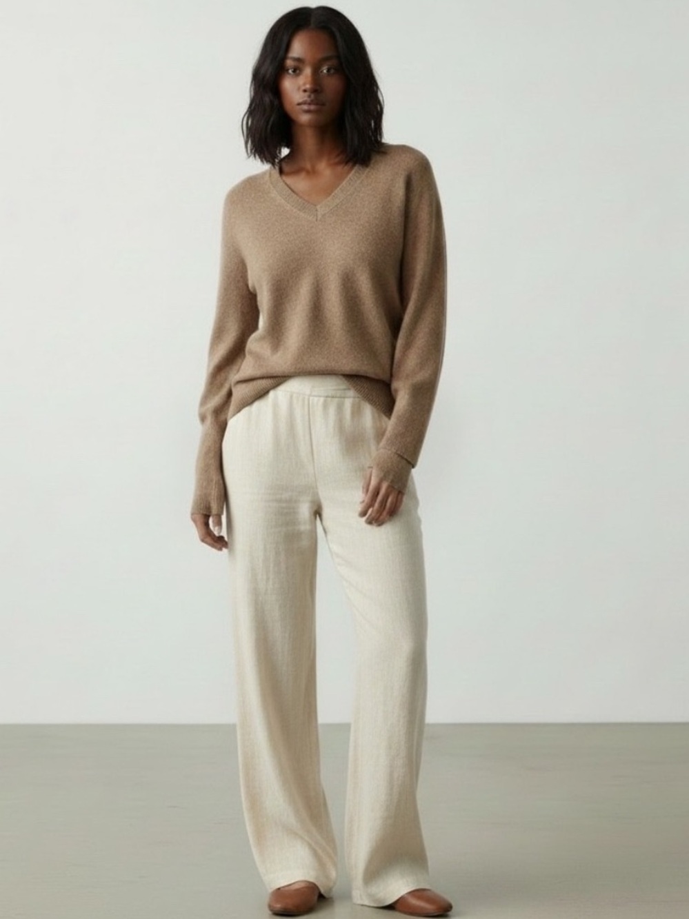 Tahari 100% 2-Ply Cashmere V-Neck Sweater Tan Camel Brown L - Picture 6 of 6